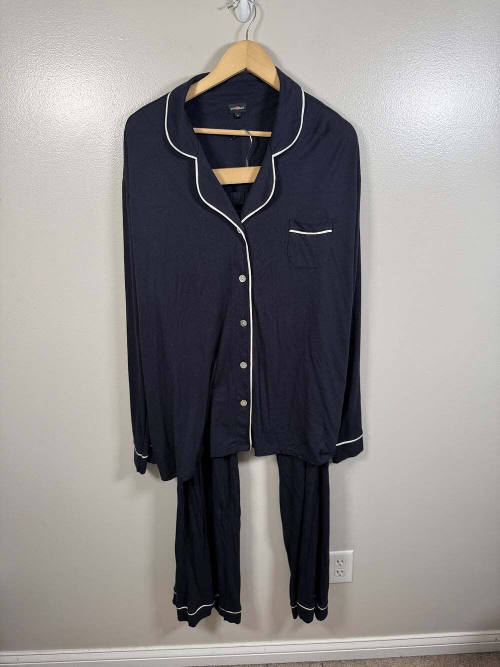 Cosabella Bella Long Sleeve Top Pant Pajama Set Size 3X Navy Blue White Piping